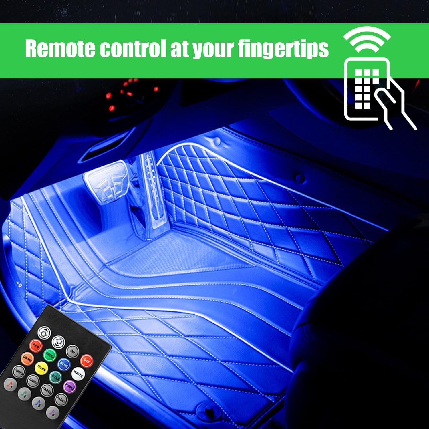 Interior Car LED Light Strip, Music Sound-Activated RGB Atmosphere Lights, Remote and APP Control, Waterproof Multicolor Car Accent Lighting