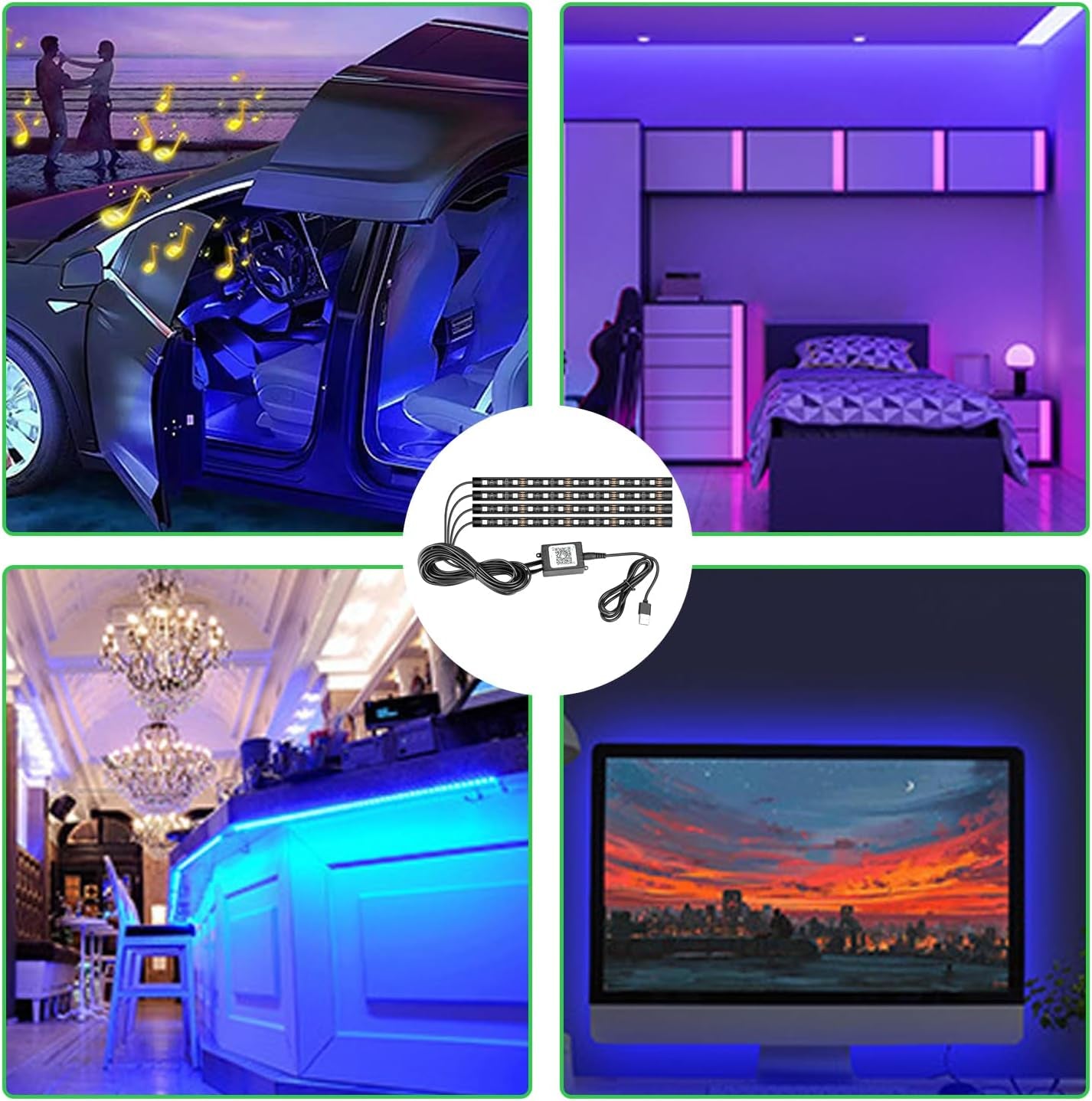 Interior Car LED Light Strip, Music Sound-Activated RGB Atmosphere Lights, Remote and APP Control, Waterproof Multicolor Car Accent Lighting