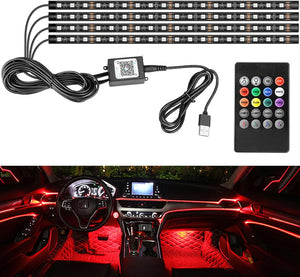 Interior Car LED Light Strip, Music Sound-Activated RGB Atmosphere Lights, Remote and APP Control, Waterproof Multicolor Car Accent Lighting