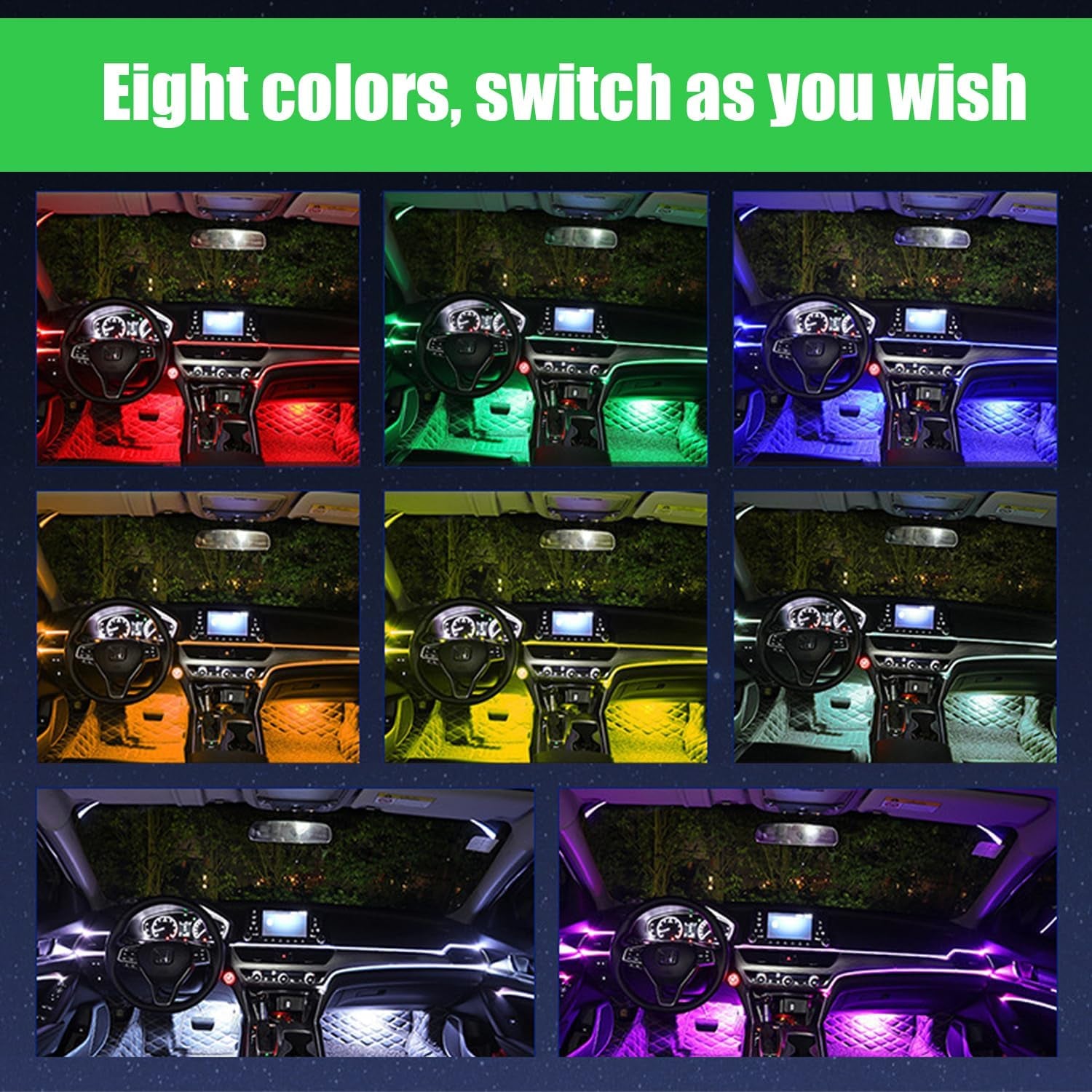 Interior Car LED Light Strip, Music Sound-Activated RGB Atmosphere Lights, Remote and APP Control, Waterproof Multicolor Car Accent Lighting