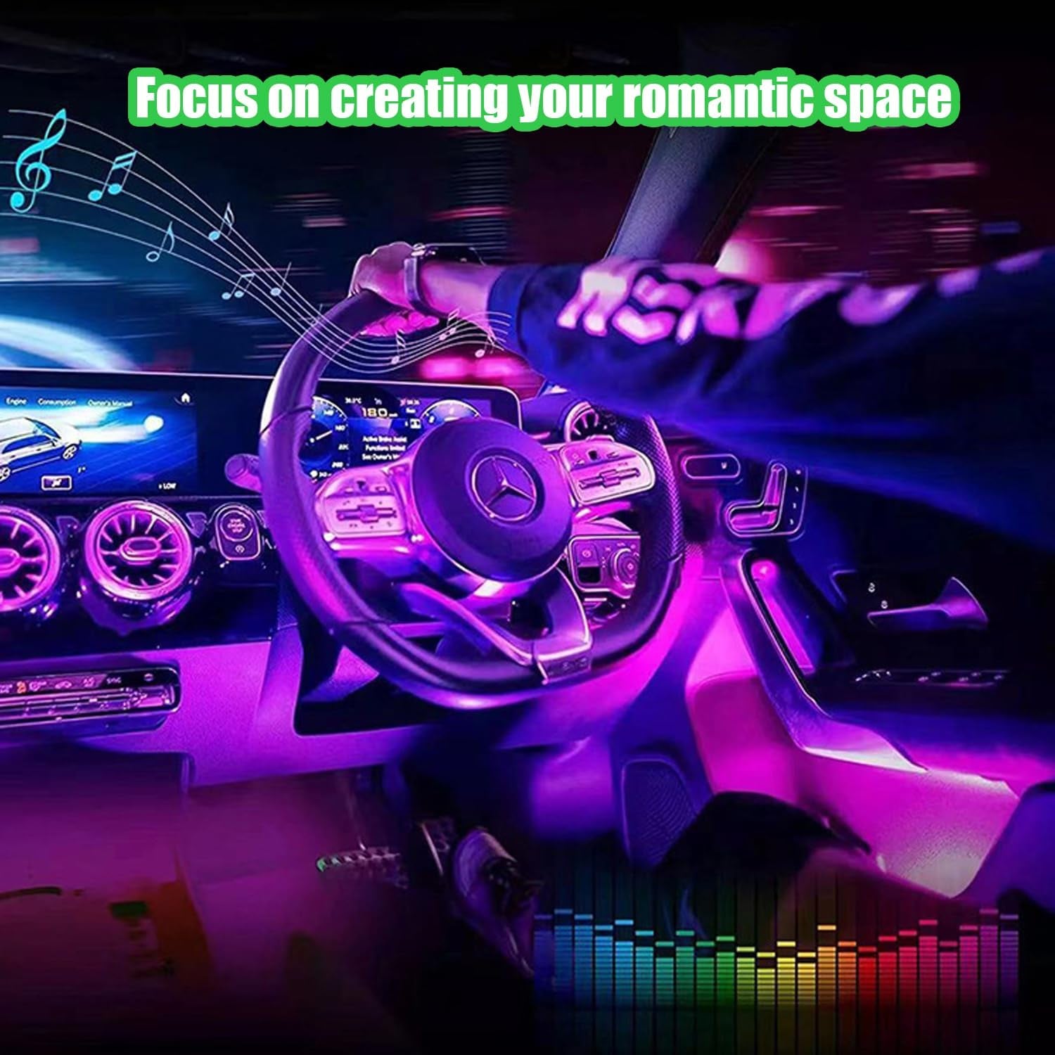 Interior Car LED Light Strip, Music Sound-Activated RGB Atmosphere Lights, Remote and APP Control, Waterproof Multicolor Car Accent Lighting